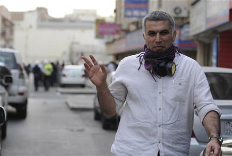 Bahrian's Human Rights Activits, Nabeel Rajab, gives a victory sign during an anti-government protest held in downtown Manama February 11, 2012. REUTERS/Stringer